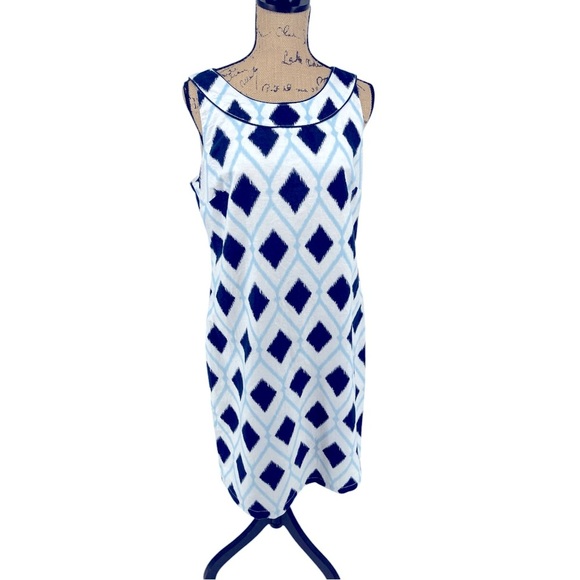 Talbots Blue White Linen Blend Sleeveless Shift Dress Knee Length Coastal - Picture 2 of 12